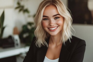 Fototapeta premium A cheerful young woman with wavy blonde hair wears a black blazer and exudes warmth and confidence