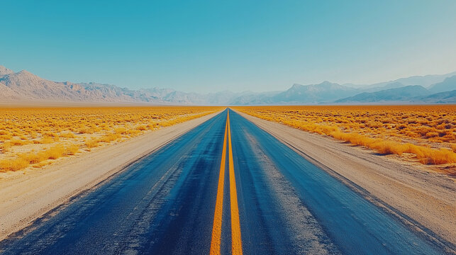 Largo y recto tramo de carretera abierta en el suroeste americano, desapareciendo en el horizonte.