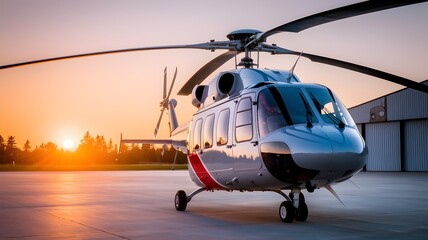 Hubschrauber neben einem Hangar am Flughafen