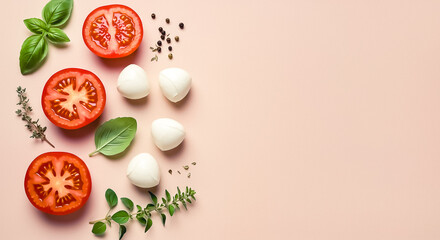 pizza ingredients, top view with space for text, simple background, negative space