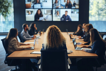 Fototapeta premium Reuniones virtuales y presenciales a gran escala