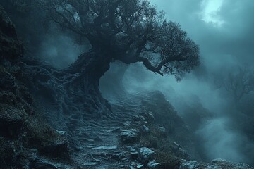 Obraz premium Mysterious fog envelops ancient twisted tree along a winding path in the forest