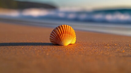 Seashell on sandy beach at sunrise 