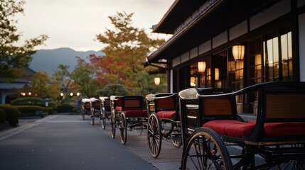 Obraz premium Antique Japanese Rickshaws Parked in a Serene Outdoor Setting with Traditional Architecture