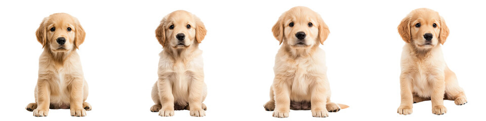 Four cute and playful golden retriever puppies sitting together showcasing their soft fluffy fur and friendly expressions