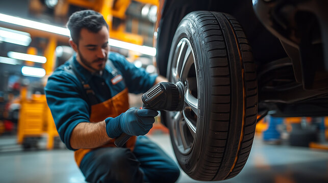 Plano medio de un mec&aacute;nico utilizando una llave de impacto neum&aacute;tica para aflojar las tuercas de las ruedas de un coche.