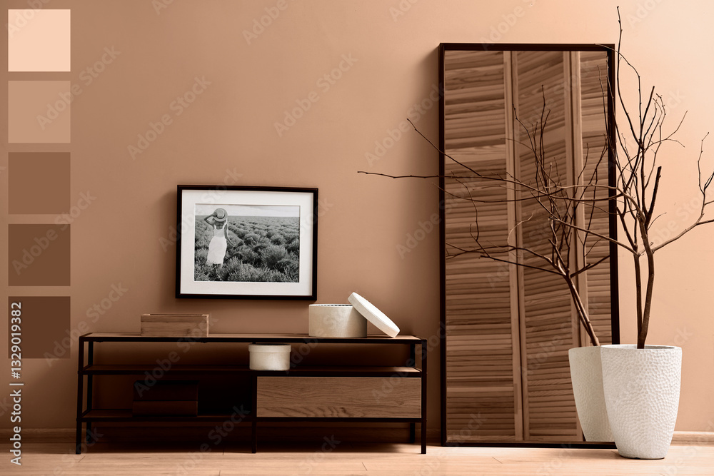 Aufkleber stylish living room in mocha mousse shade with console table and decorative elements. interior desig