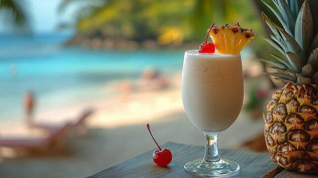 Una Pi&ntilde;a Colada, en un vaso hurac&aacute;n, con una rodaja de pi&ntilde;a y una guarnici&oacute;n de cerezas