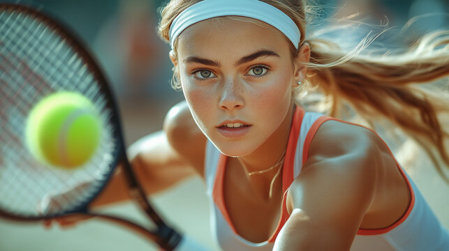 Jugadora de tenis profesional de aspecto natural, con vestido de tenis rojo y blanco en contraste, ángulo frontal, visualiza un partido de tenis profesional al aire libre, competición