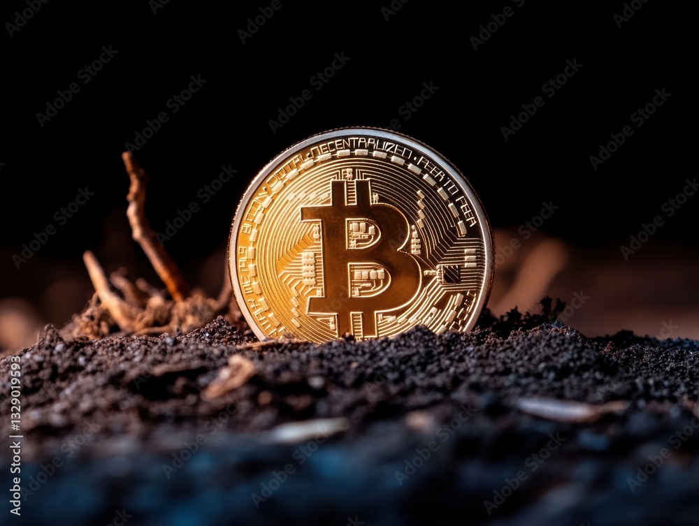 Fototapete emerging crypto frontier golden bitcoin emerging from digital terrain - next-gen financial innovatio