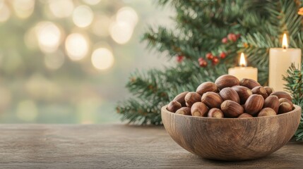 Rustic Wooden Bowl Filled with Raw Chestnuts Surrounded by Holiday Ambiance and Natural Decor
