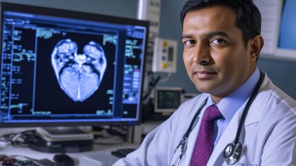 South Asian male cardiologist analyzes heart scans on a computer screen in a hospital, providing expert consultations regarding patient cardiovascular conditions.