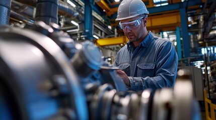 A male engineer in a state-of-the-art manufacturing plant reviews engine performance simulations using augmented reality interfaces