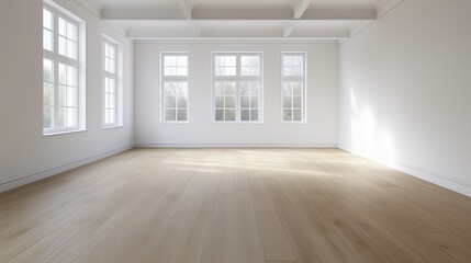 Obraz premium A large room with a lot of windows and a wooden floor. The room is empty and has a clean, minimalist look