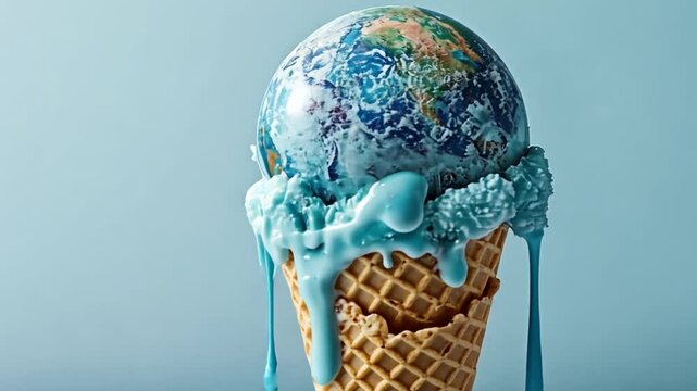 Experience the artistry of a close-up ice cream globe shaped like Earth. The vibrant light blue continents sit atop a cone, gradually melting into a delightful treat, ideal for warm days