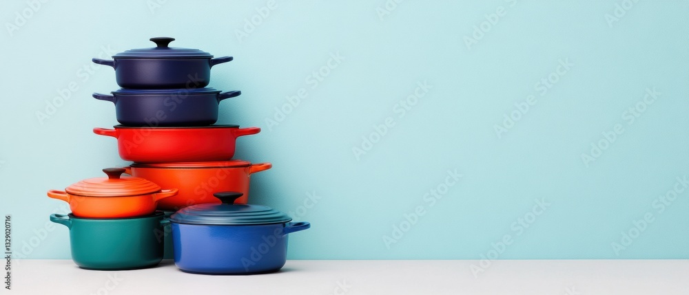 Poster minimalist color-block cookware ergonomic nesting kitchen solution for space-efficient modern homes 