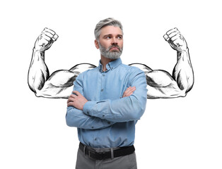 Confident man with drawing of strong arms behind him on white background