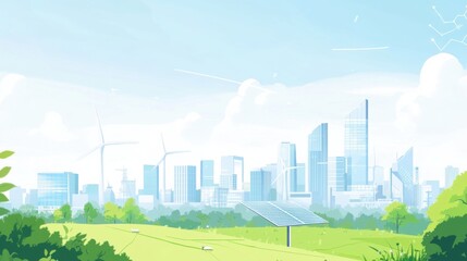 A smart city energy grid control center, urban landscape with connected buildings and renewable energy sources, Sustainable tech style