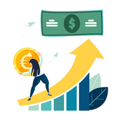 Business. Business woman with a gold coin climbs up an arrow on a financial dollar development chart. Histogram. Investment business profit growth, income, people, design. Vector illustration