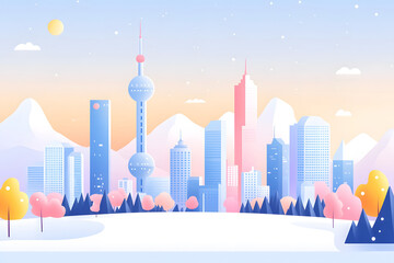 Fototapeta premium City skyline illustration, flat style urban architecture illustration elements