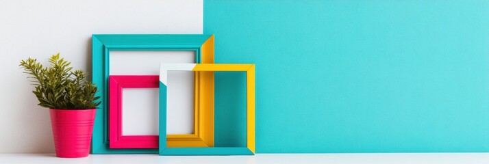 Vibrant Minimalist Home Decor Bold Geometric Frames and Colorblock Design Showcasing Contemporary Interior Styling Trends for Creative Millennials