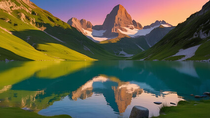The calm morning panorama of Fusine Lake features a brilliant summer sunrise over the Julian Alps, with Mangart Peak standing tall in the background. This enchanting location is in the Province of Udi