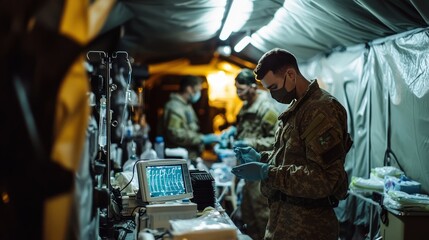 A military medical team sets up portable ventilators in an emergency field hospital, ready to assist victims of a disaster.