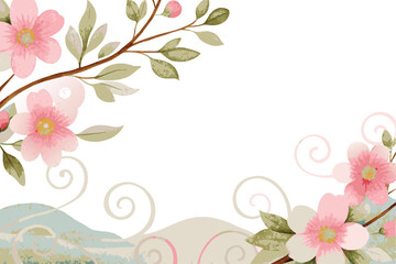 Naklejka premium Delicate Pink Flowers and Swirls Watercolor Design Spring Blossom Floral Background