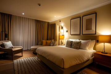 Inside a chic boutique hotel room with elegant furniture and modern decor for a luxurious stay
