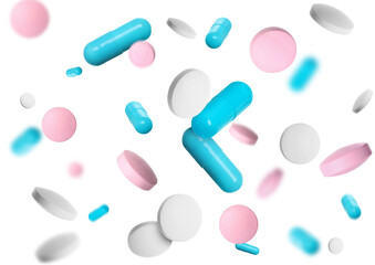 Many different pills flying on white background