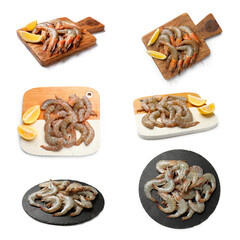 Fresh raw shrimps isolated on white, set. Top and side view