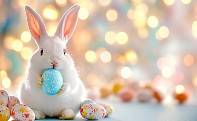 Cute white bunny holding a pastel Easter egg surrounded by colorful eggs in a bright, festive background filled with bokeh lights
