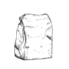 Vector craft paper bag for food or delivery. Graphic ink lunch bag illustration isolated on background. Hand drawn line sketch. For designers, prints, logo, icon, menu, postcards, holiday, covers