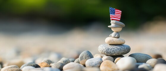 Memorial Day Zen Minimalist Patriotic Stone Sculpture Symbolizing Remembrance and National Unity in Organic Summer Landscape Design