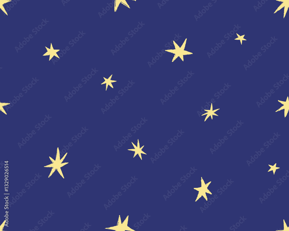 Aufkleber Stars on night sky, seamless pattern design. Starry background, endless repeating print with tiny sparkles, twinkles in cute modern style. Repeatable texture for textile. Flat vector illustration