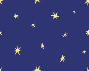 Stars on night sky, seamless pattern design. Starry background, endless repeating print with tiny sparkles, twinkles in cute modern style. Repeatable texture for textile. Flat vector illustration