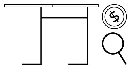 Stylized desk complemented by a dollar coin and magnifying glass, highlighting financial goals, productivity, and analysis. Ideal for business, finance, work, research, minimalism entrepreneurship