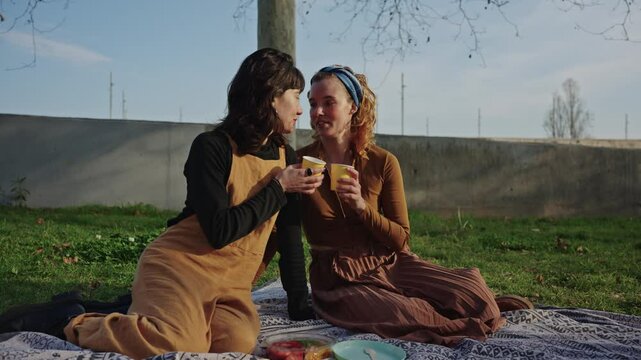 Lgbt couple sharing intimate moments during picnic