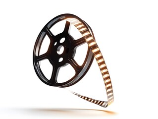 Obraz premium A floating, glowing film reel unraveling in mid-air. 3D animation, white background transparency