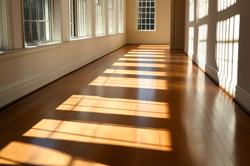 Obraz premium Elegant Peaceful Empty Hallway Bathed In Sunlight Creating A Welcoming, Minimalist Interior Ambience For Relaxation