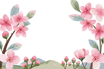 Beautiful Watercolor Pink Cherry Blossoms Spring Floral Background Illustration