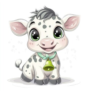 An adorable cartoon calf sits and happily wears a bell