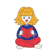 Girl Sitting and Reading Book. Woman learning or studying. Quirky Doodle style person holding dictionary. Knowledge Education cartoon human. Vector illustration