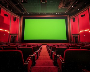 Empty cinema hall with green screen and red seating. movie theater screen glowing with a green screen