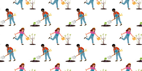 Children gardening and planting trees while enjoying outdoor activities in springtime