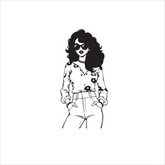 Silhouette and Outline Drawing of 70s Retro Woman in Bell-Bottoms and Sunglasses