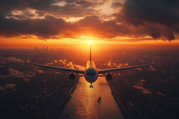 A stunning sunset view from above with an airplane flying over a river in the city skyline