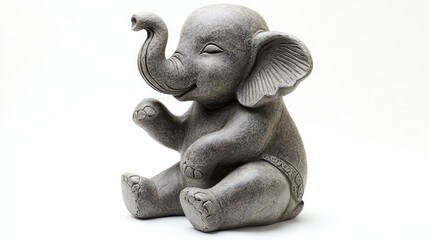 A finely-crafted gray stone elephant, poised on hind legs, gazes leftward with a gracefully arched trunk reaching skywards—a captivating sculpture capturing tranquil elegance in motion