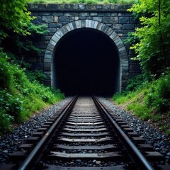 Obraz premium Dark tunnel entrance, railroad tracks disappear into blackness , tracks, tunnel, route