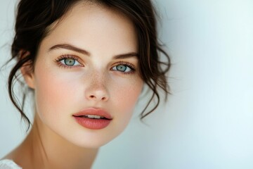 Fototapeta premium Beautiful young woman with blue eyes and natural makeup, showcasing a fresh and healthy look against a soft, neutral background